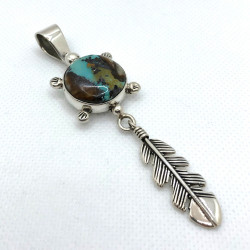 Turquoise Turtle & Blessing Feather Pendant Necklace